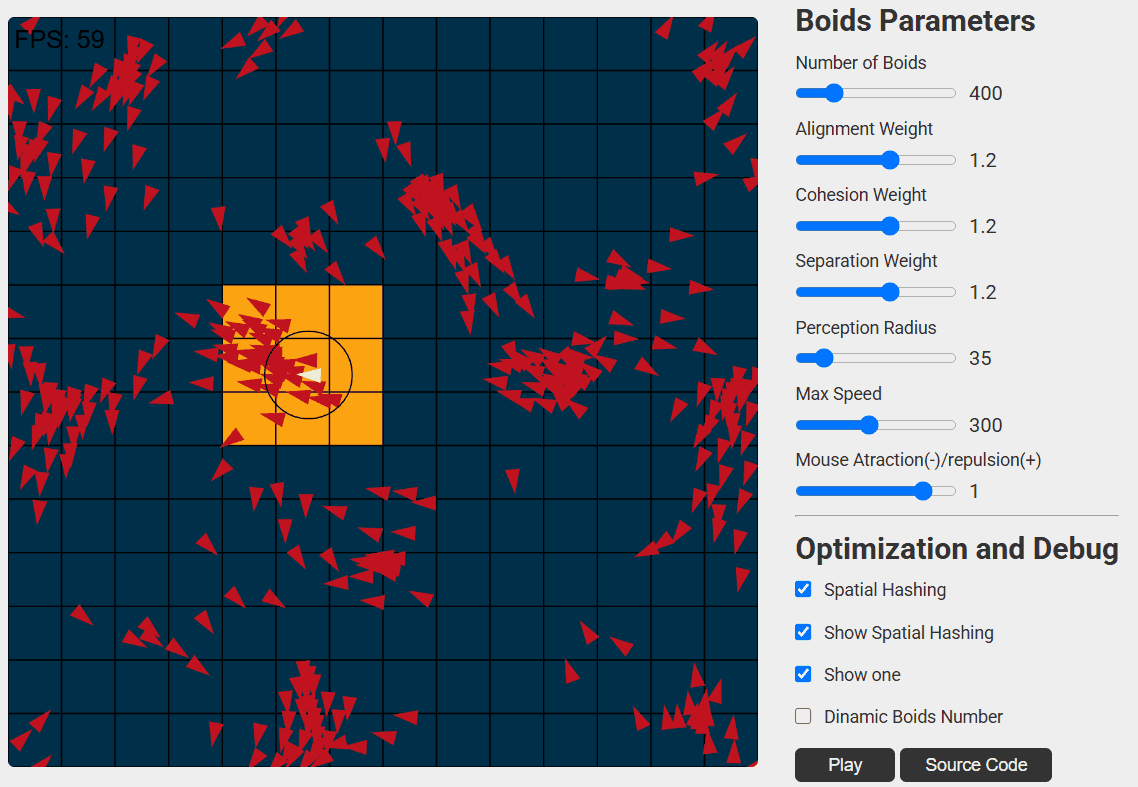 Flocking simulation using Spatial Partitioning and Dynamic Boids Numberalgorithm